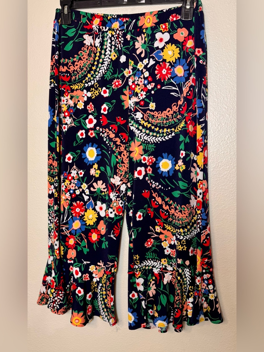 ECI New York Floral Wide Leg Ruffle Hem Pants Navy Multicolor Size L